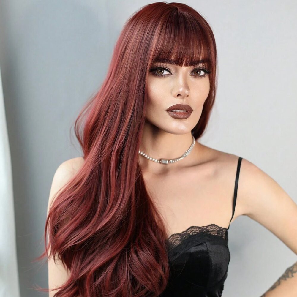 Burgundy Red Long Wavy Wig with Bangs Natural Realistic Hair look - Picture 11 of 14